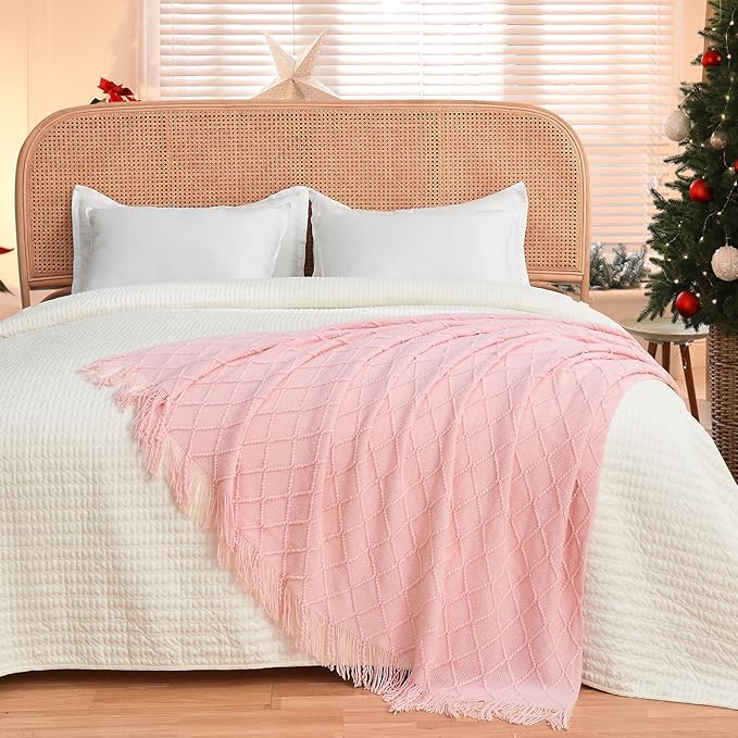 inhand ChristmasThrow Blankets for Couch, Gifts for Women Cozy Home Decor Knit Blanket, Pink Lightweight Decorative Blankets and Throws, Farmhouse Warm Woven Blanket for Men and Women, 50"x60"