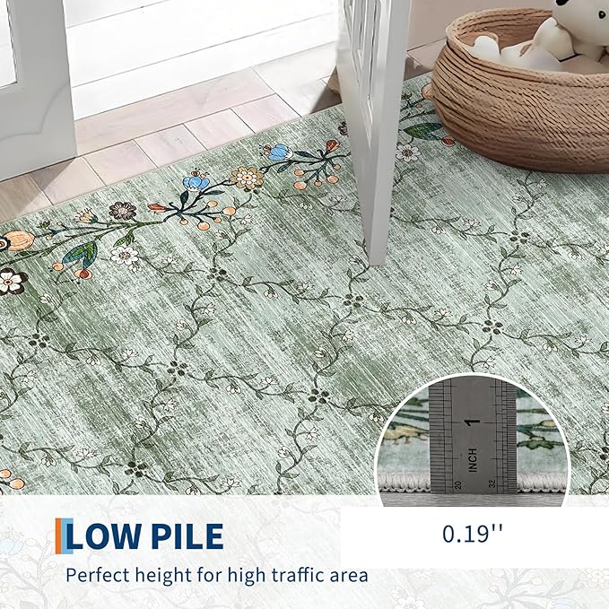 Garveehome 5x7 Washable Floral Area Rugs for Living Room: Modern Floral Non Slip Large Area Rugs for Bedroom, Large Machine Washable Living Room Low Pile Carpet with Non-Slip Backing Green 5 ft x7 ft.
