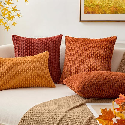 Kevin Textile Fall 12x20 Inch Pillow Cover 1 Pack Boho Decorative Soft Striped Corduroy Lumbar Farmhouse Solid Color Accent Rectangle Cushion Case for Living Room Couch Sofa Bed, Burnt Brick