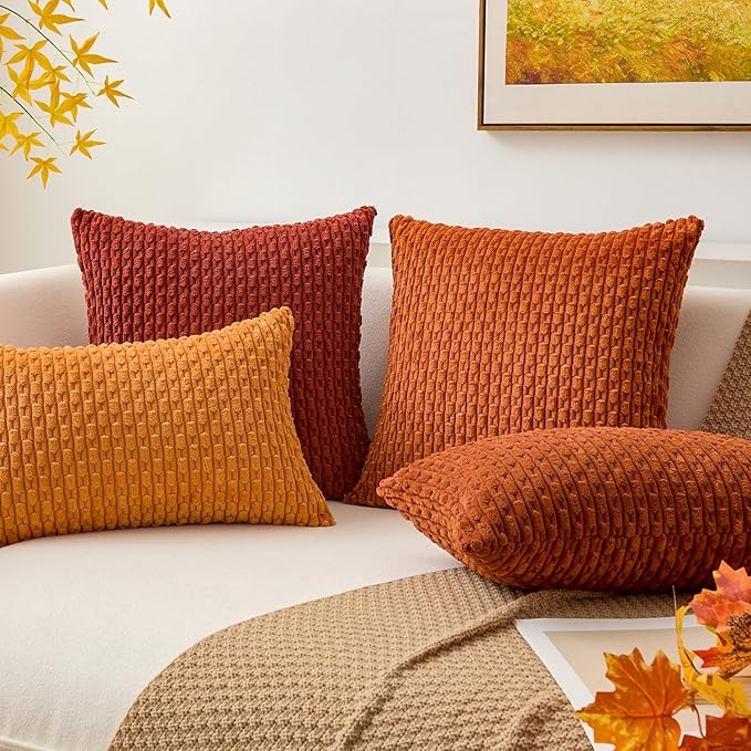 Kevin Textile Fall 12x24 Inch Pillow Cover 1 Pack Boho Decorative Soft Striped Corduroy Lumbar Farmhouse Solid Color Accent Rectangle Cushion Case for Living Room Couch Sofa Bed, Burnt Brick