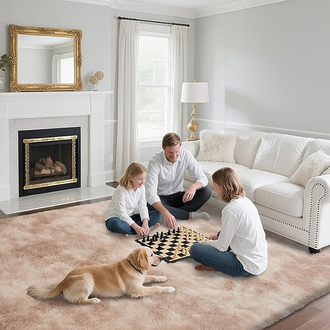 Fluffy Rug Shaggy Area Rug, Mottling Beige 9x12 Area Rugs for Living Room, Large Shag Area Rugs for Bedroom Kids Room Home Decor, Upgrade Anti-Skid Rectangular Fuzzy Rugs