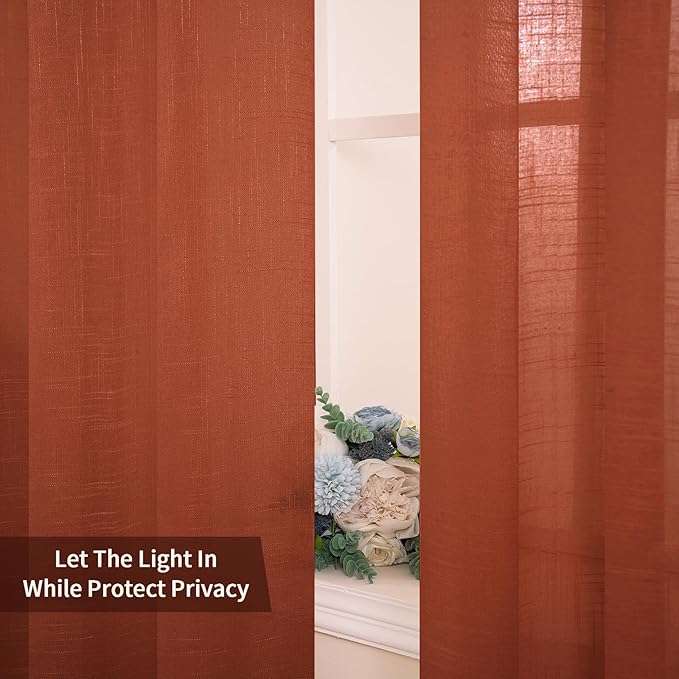 MIULEE Burnt Orange 2 Panels 90 Inch Long Farmhouse Linen Sheer Window Curtains Elegant Terracotta Rust Fall Autumn Drapes Grommet Top Linen Textured Voile for Bedroom Living Room (52 X 90 Inch)
