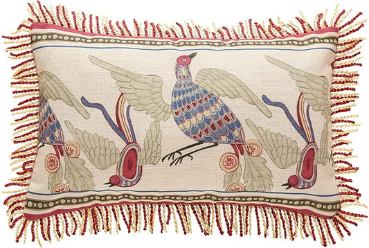 patdrea Designer Throw Pillow Covers 12"x20",Vintage Red Flying Bird Pattern Linen Pillowcases with Tassel Edges Pillows Cover for Couch,Decorative Rectangle Cushion for Living Room Outdoor Car