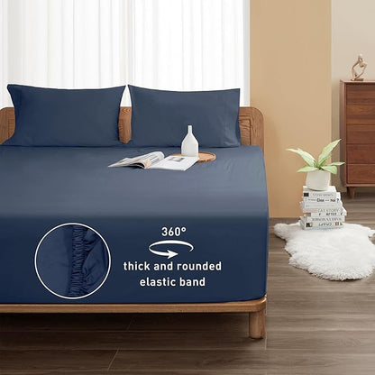 Sunflower California King Fitted Sheet, 1-Piece Deep Pocket Fitted Bottom Sheet 16", 100% Cotton Sateen Soft Breathable, Blue Indigo