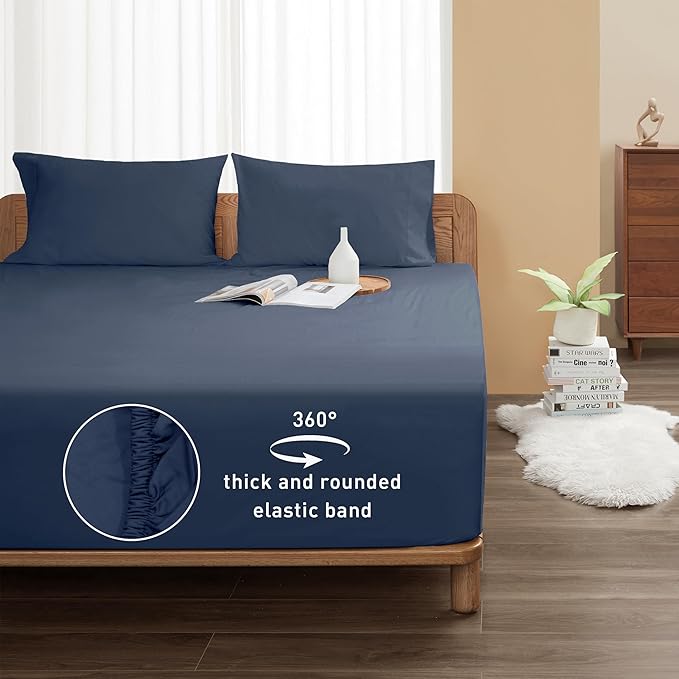 Sunflower Queen Fitted Sheet, 1-Piece Deep Pocket Fitted Bottom Sheet 16", 100% Cotton Sateen Soft Breathable, Blue Indigo
