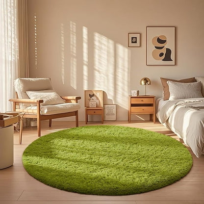 Ophanie Round Rug 5Ft Sage Green Circle Area Rug, Green Room Decor, Fluffy Fuzzy Bedroom Carpet, Plush Soft Shaggy Living Room Rugs for Kids Home Decor Aesthetic, Nursery