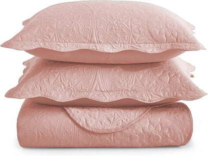 IR Imperial Rooms King Quilt Bedding Set Size (106" x 96") + 2 Pillow Shams (20" x 36"+ 2") - 3 Pcs All Season Lightweight Reversible Microfiber Coverlet Floral Embossed Quilt Bedspread (Baby Pink)