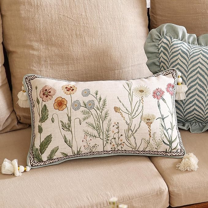 ISAENNE Design Linen Throw Pillow Covers 12"x20" Pack of 2, Lumbar Farmhouse Cushion Covers with Yellow Purple Watercolor Wildflower Pattern Decor Pillowcases for Bed,Living Room,Outdoor,Car
