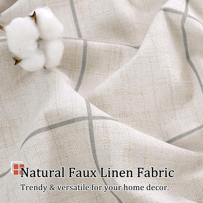 Grey Plaid Curtains Pattern Printed 90 Inches Long - Total Linen Blackout Curtains for Living Room, Boho Grommet Drapes for Farmhouse Cottage Thermal Drapery 52x90 Inch 2 Panels