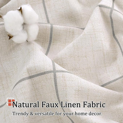 Grey Plaid Curtains Pattern Printed 90 Inches Long - Total Linen Blackout Curtains for Living Room, Boho Grommet Drapes for Farmhouse Cottage Thermal Drapery 52x90 Inch 2 Panels