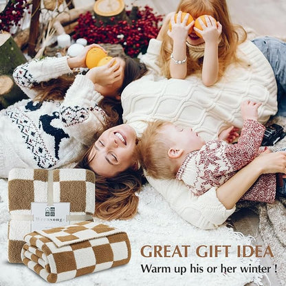 WRENSONGE Fall Checkered Throw Blanket, Burnt Orange Soft Cozy Fluffy Warm Hand Made Throw Blankets for Couch, Sofa, Chair, Bed, Camping, Picnic, Travel Lightweight Bed Blanket - 50"*70"