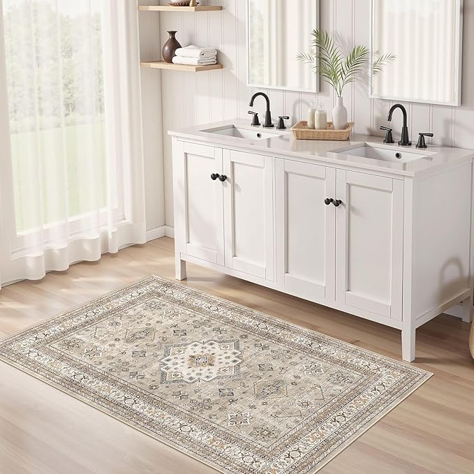 Vintage Living Room Area Rug 3x5 - Large Soft Washable Oriental Traditional Distressed Farmhouse Rugs for Bedroom - Indoor Floor Accent Carpet for Home Office House Decor - Beige