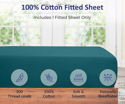 ROYALE LINENS 300 Thread Count 100% Long Staple Combed Cotton Fitted Sheet Full - Super Soft Deep Pocket Bottom Sheet - Fitted Sheets Only - Elastic Sheets (Full, Teal)