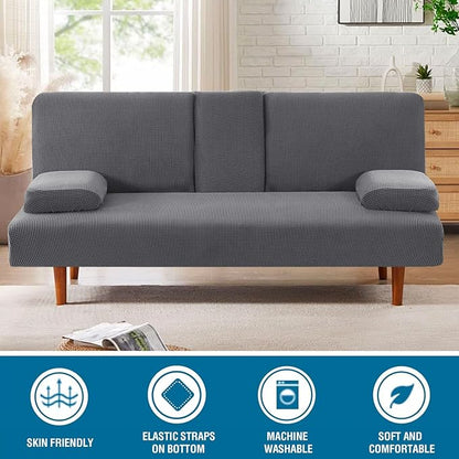H.VERSAILTEX 4 Pieces Stretch Futon Covers Sofa Bed Slipcover with Removable Armrests and Cupholders Covers Furniture Protector High Spandex Small Checks Jacquard Fabric, Grey