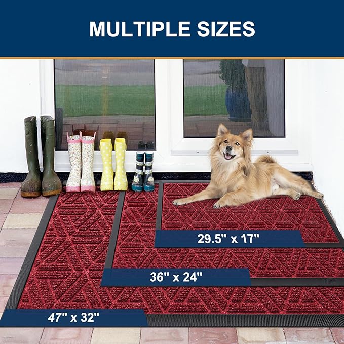 Smiry Front Door Mat Outside Entrance, Heavy Duty Sturdy Natural Rubber Doormat, Trap Dirt and Moisture, Easy Clean Low Profile Mats for Indoor Outdoor Entry, Grid Geometric (36x24, Wine Red)