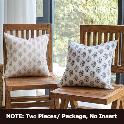 DOMVITUS Set of 2 Floral Pillow Covers 20x20, Block Print Pillow Covers Vintage Neutral Decorative Farmhouse Throw Pillow Covers for Couch Bed Living Room Dusty Blue