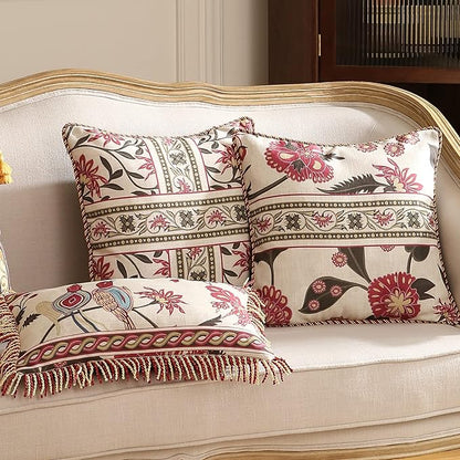 patdrea Designer Throw Pillow Covers 12"x20",Vintage Red Flying Bird Pattern Linen Pillowcases with Tassel Edges Pillows Cover for Couch,Decorative Lumbar Cushion for Bed Outdoor Car,Set of 2