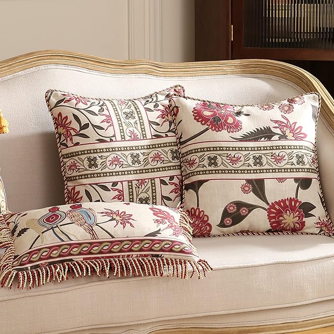 patdrea Designer Throw Pillow Cover 18"x18",Vintage Bird and Floral Pattern Linen Pillows Cover with Red and Yellow Pendant Charms,Square Decorative Pillowcases for Couch Bed Living Room Outdoor