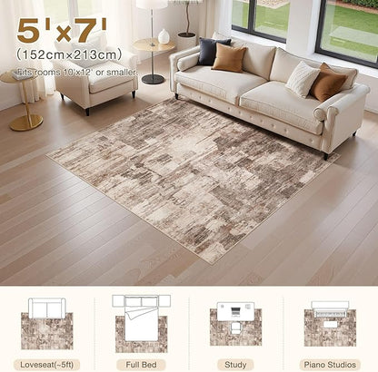 Abstract Living Room Rug 5x7 - Modern Washable Soft Thin Area Rug for Living Room Bedroom Under Dining Table - Neutral Indoor Floor Rug Carpets for Home Office Playroom Nursery - Brown