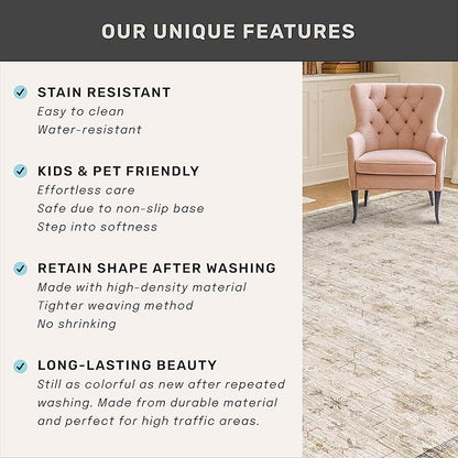Farmhouse 6x8 Area Rug for Living Room, Beige Cream Large Rug for Bedroom, Dining Room & Home Office, Soft Modern Carpet for Neutral Home Decor, Non-Slip Washable Floor Rug for High-Traffic Areas