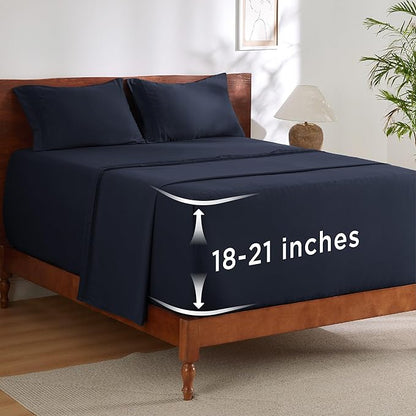 Bedsure Deep Pocket Queen Sheets Set - Fits Mattresses Up to 21 Inches Thick - 4 Piece GentleSoft Bed Sheets, Moisture Wicking, Soft & Cooling Bedsheet & Pillowcases, Easy & Secure Fit, Navy