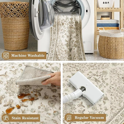 Moynesa 2x6 Beige Washable Runner Rug for Hallway, Boho Vintage Distressed Runner for Entryway Kitchen Bathroom Bedroom, Low Pile Soft Non-Slip Floor Mat for Laundry Nursery