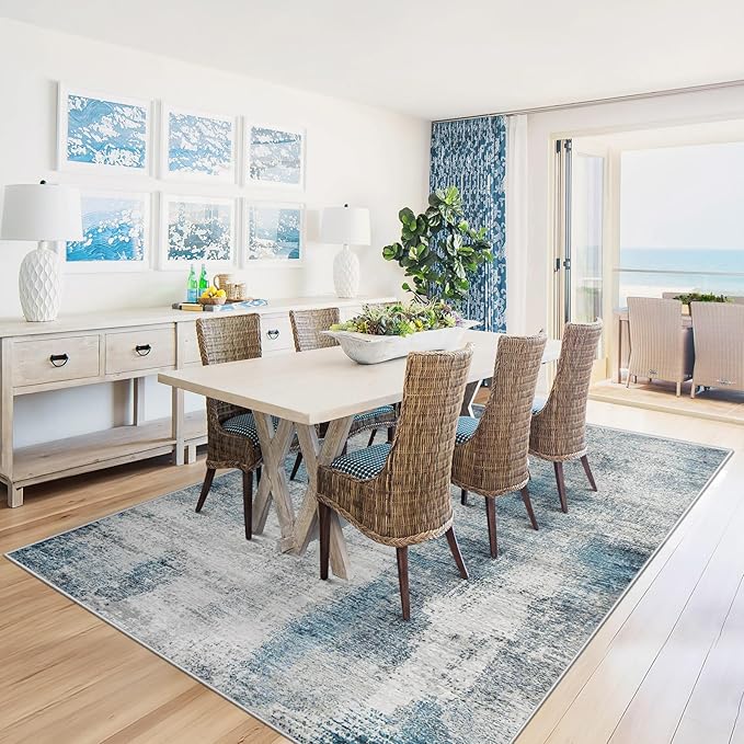 5x7 Area Rugs for Living Room: Washable Rug Modern Abstract Neutral Soft Rugs Non-Slip Low-Pile Indoor Floor Carpet for Bedroom Dining Room Nursery (Blue, 5'x7')