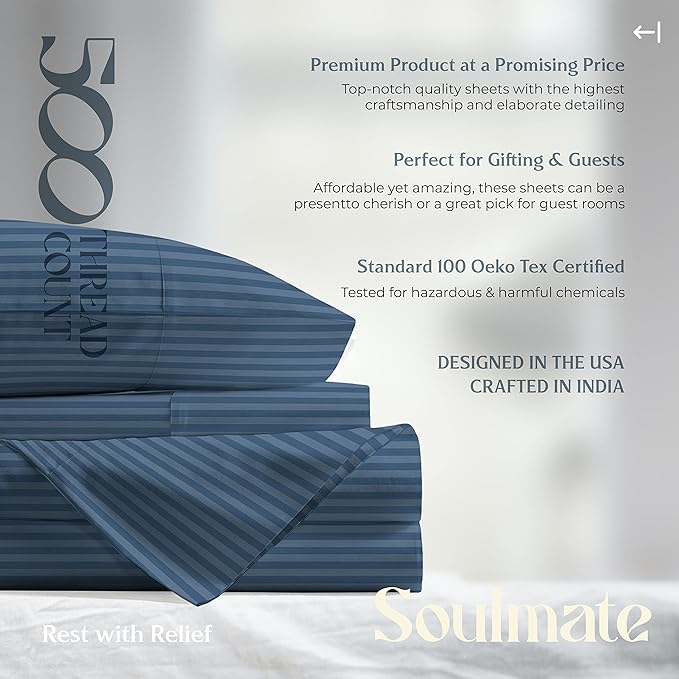 Mayfair Linen 100% Cotton Striped Sheets Full Size Bed Set - 500 Thread Count Damask Sheets Full Size 4 PC Set (Light Blue Stripe), Soft, Cooling, Sateen Weave Hotel-Quality 16" Deep Pocket Bedsheet