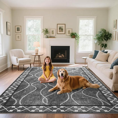 Area Rugs 6x9 Washable Rug, Non-Slip Rugs for Living Room, Low Pile Bordered Rugs Alfombras, Large Print Rubber Backing Indoor Carpet for Home Decor Bedroom Nursery Dining Room, Dark Grey