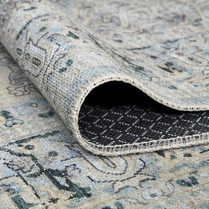 Bloom Rugs Washable Non-Slip 10 ft Runner - Cream/Light Blue/Teal Traditional Medallion Runner for Entryway, Hallway, Bathroom, and Kitchen - Exact Size: 2.5' x 10'