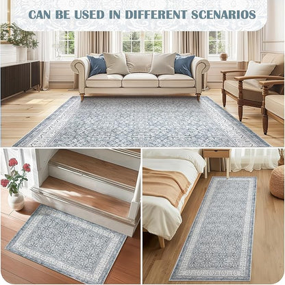 jinchan Hallway Runner Rug 3x10 - Machine Washable Grey Vintage Floral Distressed Design Soft Non-Slip Low-Pile Ultra-Thin Runner Rug for Kitchen Laundry Room Bedroom Farmhouse (3‘x10', Grey)
