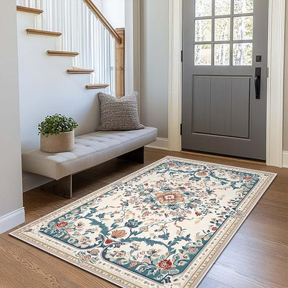 3x5 Boho Entryway Rug Beige Oriental Area Rug Indoor Entrance Non Slip Door Mat Stain Resistant Washable Machine Soft Low Pile Small Carpet Bathroom Kitchen