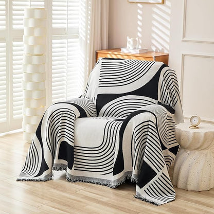 Boho Chenille Couch Cover with Tassels, Bohemian Sofa Cover for 1 Cushion Couch, Armchair, Chair, 1 Seater (71" x 91", Black)