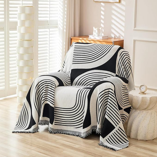 Boho Chenille Couch Cover with Tassels, Bohemian Sofa Cover for 1 Cushion Couch, Armchair, Chair, 1 Seater (71" x 91", Black)