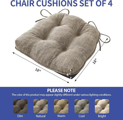 Chair Cushions for Dining Chairs Set of 4, Kitchen Chair Cushions, Chair Pads with Ties and Non Slip Backing, Tufted Memory Foam Seat Cushion 4 Pack, 18" x 18" x 4", Khaki