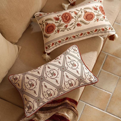 ISAENNE Design Linen Lumbar Vintage Throw Pillow Covers 12"x20",Red Euro Cushion Covers with Orange Floral Green Leaves Pattern Decor Pillowcases for Bed,Living Room,Outdoor,Car