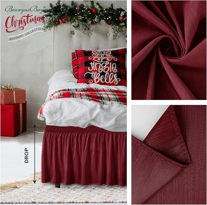 Biscaynebay Wrap Around Bed Skirts for Queen Beds 15" Drop, Burgundy Adjustable Elastic Dust Ruffles Easy Fit Wrinkle & Fade Resistant Silky Luxurious Fabric Machine Washable