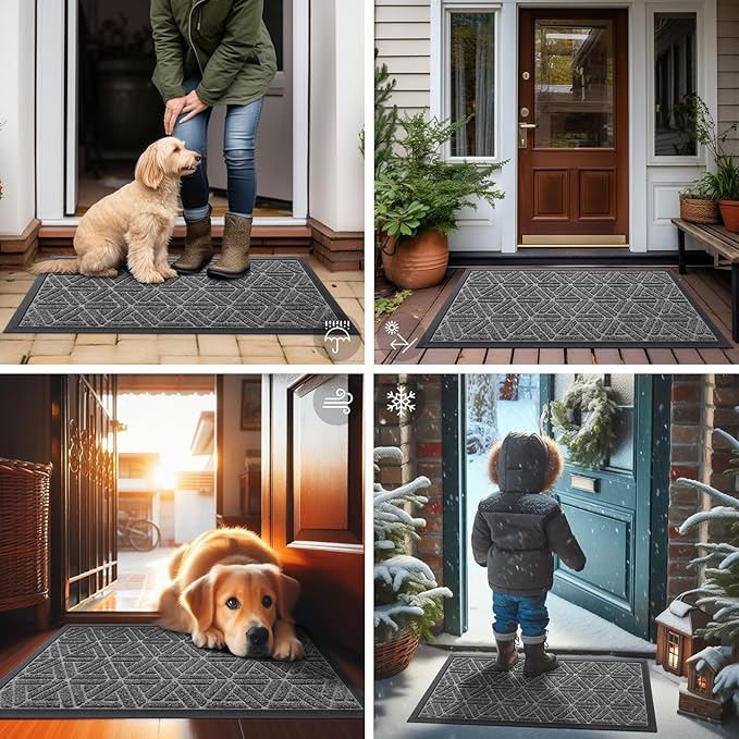 Smiry Front Door Mat Outside Entrance, Heavy Duty Sturdy Natural Rubber Doormat, Trap Dirt and Moisture, Easy Clean Low Profile Mats for Indoor Outdoor Entry, Grid Geometric (36x24, Silver Grey)