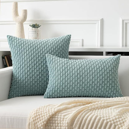 Kevin Textile 14x24 Inch Pillow Cover 1 Pack Boho Decorative Soft Striped Corduroy Lumbar Farmhouse Accent Rectangle Cushion Case for Living Room Couch Sofa Bed, Dusty Green