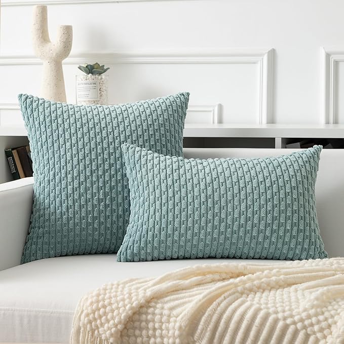 Kevin Textile 12x20 Inch Pillow Cover 1 Pack Boho Decorative Soft Striped Corduroy Lumbar Farmhouse Accent Rectangle Cushion Case for Living Room Couch Sofa Bed, Dusty Green