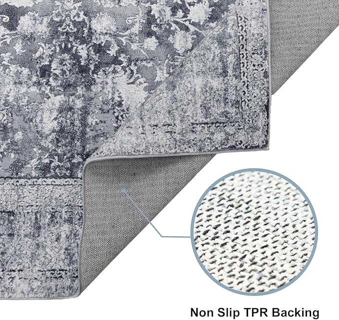 Area Rug 9×12, Large Vintage Boho Rug,Ultra-Soft Low Pile, Washable, Non Slip,Stain Resistant, Printed Carpet for Living Room Bedrooms Playroom Office Kitchen, Stone/Grey