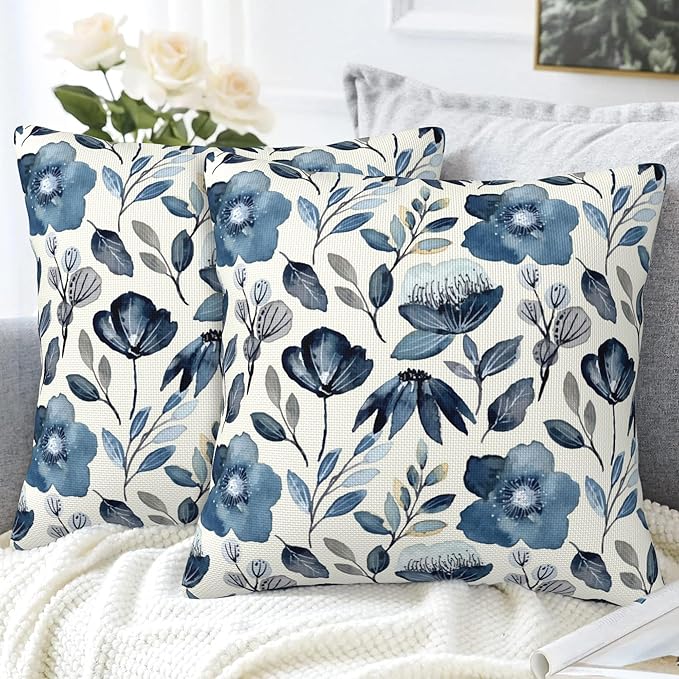 Throw Pillow Covers Blue Floral Pillow Covers 16x16 Inch Set of 2 Throw Pillows Decorative Pillow Cases Cushion Covers for Bedroom Livingroom Sofa Farm House