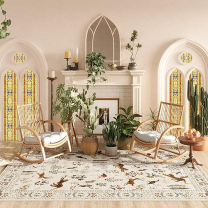 Rugcomf Area Rugs 8x10 Rug for Living Room Clearance Washable Boho Area Rug Non Slip Floral Animal Vintage Low Pile Large Rug for Living Room, Bedroom, Farmhouse, Dining Room, Kids Playroom (Beige)