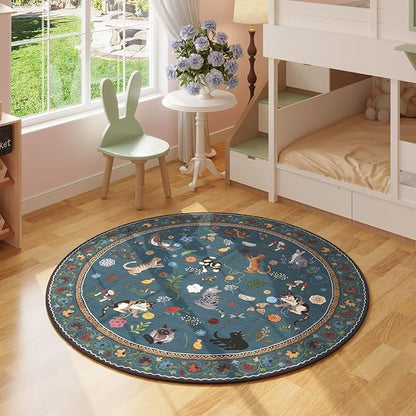 Rugcomf Round Rug 4ft Washable Circle Rug Non Slip Low Pile Boho Floral Animal Cat Small Circular Rug for Bedroom Bathroom Entryway Kids Room Office College Dorm, Pearl Gentian Blue