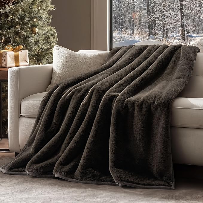 EVERGRACEHOME Ultra Soft Luxury Fluffy Mink Faux Fur Throw Blanket, Thick Warm Fall Winter Blankets for Bed, Couch, Cozy Plush Reversible Blanket for Chair, Sofa (Dark Brown, 50"x60")