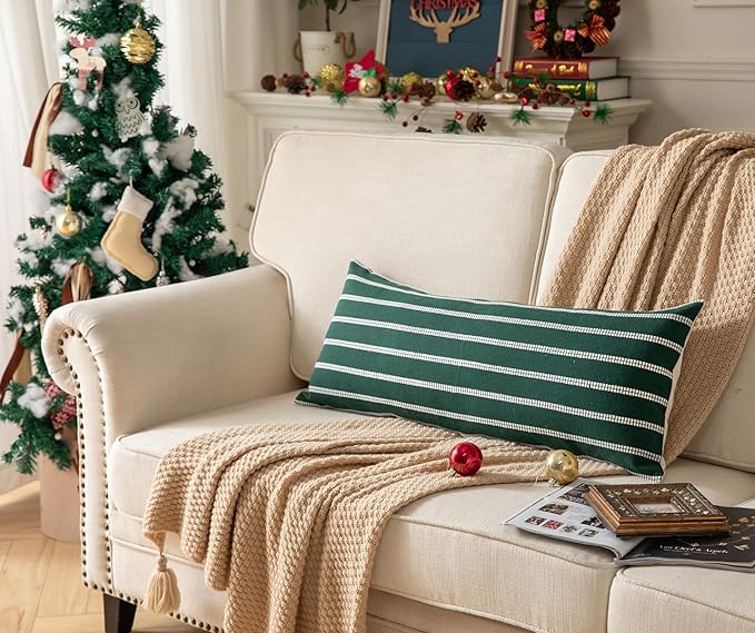Boho Lumbar Throw Pillow Cover 14X36 Long Soft Farmhouse Decorative Couch Pillow Cases Dark Green Striped Body Pillow Covers Neutral Cushion Covers for Sofa Bed Living Room Home Decor Pack of 1