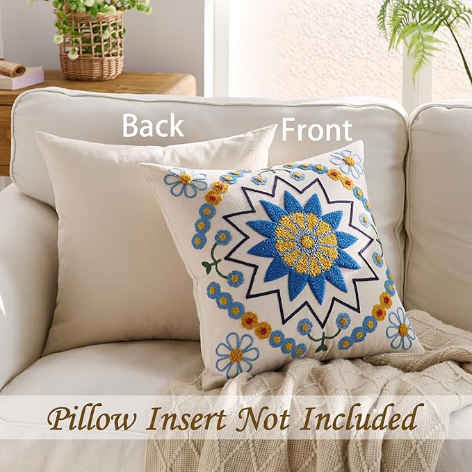 Embroidered Throw Pillow Cover 20x20 Classic Boho Floral Pattern Pillows Cover Outdoor Decorative Pillowcase,Durable Cozy Textured Cushion Case for Sofa Couch Bed Living Room,Blue Orange