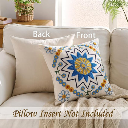 Embroidered Throw Pillow Cover 22x22 Classic Boho Floral Pattern Pillows Cover Outdoor Decorative Pillowcase,Durable Cozy Textured Cushion Case for Sofa Couch Bed Living Room,Blue Orange