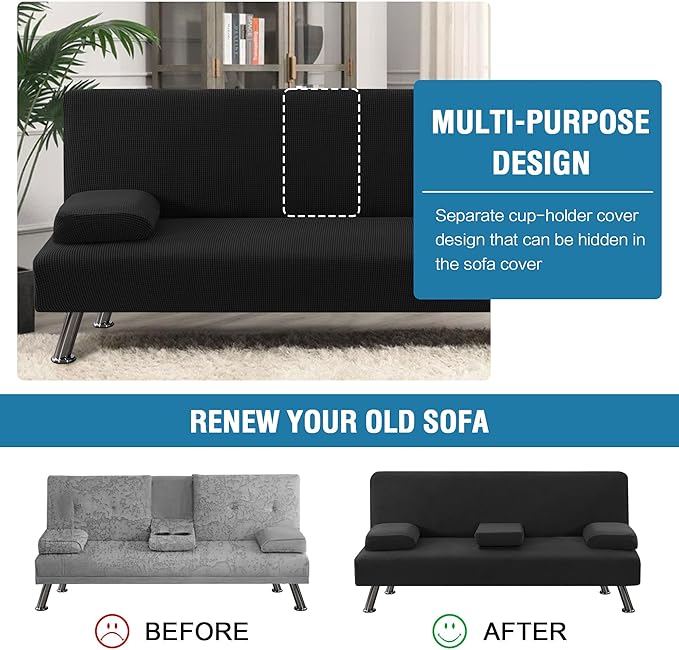 H.VERSAILTEX 4 Pieces Stretch Futon Covers Sofa Bed Slipcover with Removable Armrests and Cupholders Covers Furniture Protector High Spandex Small Checks Jacquard Fabric, Black