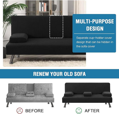 H.VERSAILTEX 4 Pieces Stretch Futon Covers Sofa Bed Slipcover with Removable Armrests and Cupholders Covers Furniture Protector High Spandex Small Checks Jacquard Fabric, Black